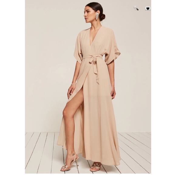 Reformation Wooster/Winslow Dress buff champagne flutter sleeve wrap size medium - Picture 5 of 16